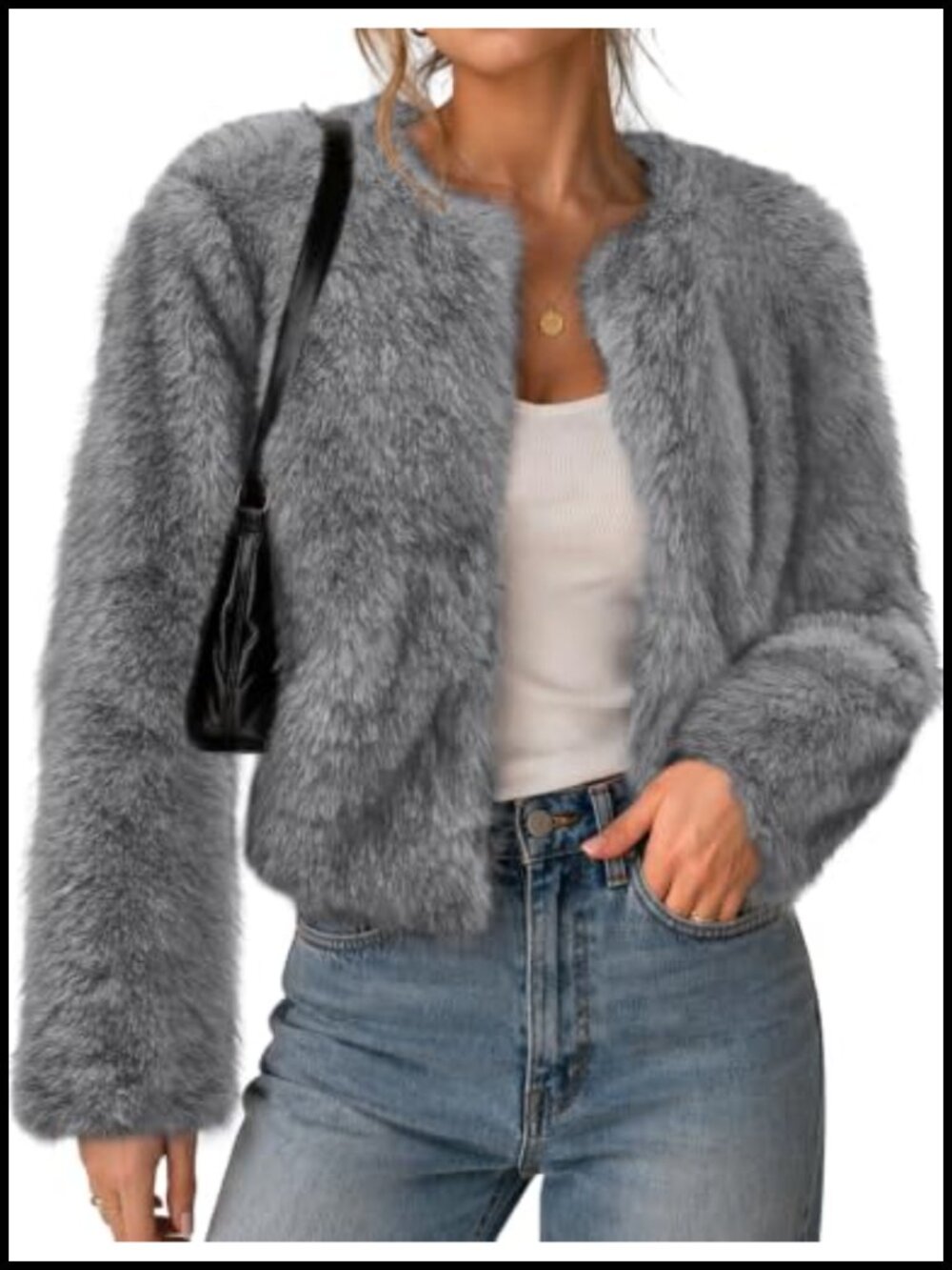 Women's Cropped Faux Fur Coat Long Sleeve Open Front Cardigan